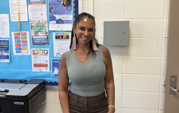 Ms. Reyes in the main office on her last day.